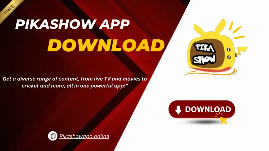 Pikashow app download with a button and logo